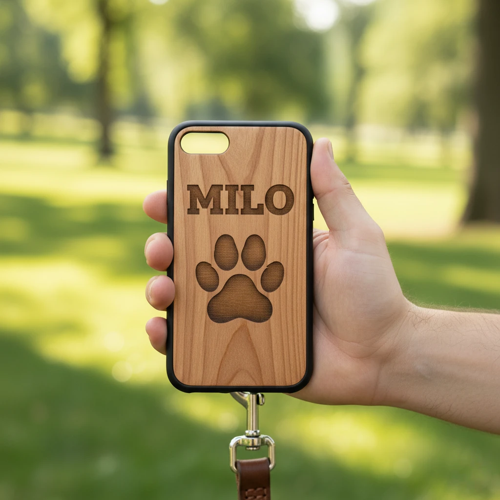 Coque Téléphone Bois Gravée Personnalisée Patte de Chien "Milo" - Vue 4