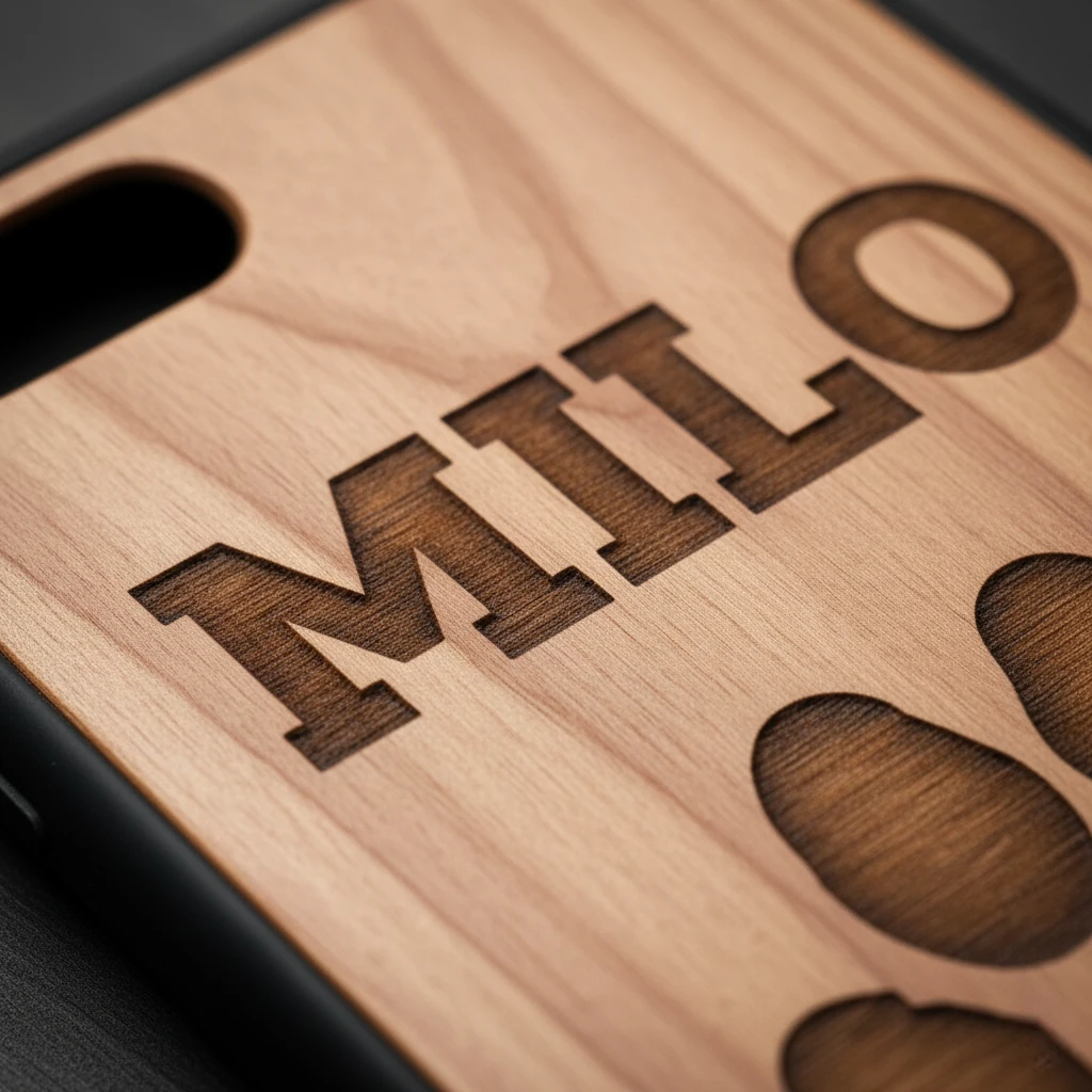 Coque Téléphone Bois Gravée Personnalisée Patte de Chien "Milo" - Vue 3