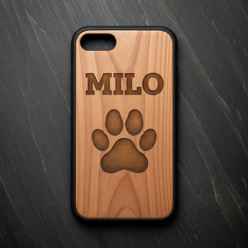 Coque Téléphone Bois Gravée Personnalisée Patte de Chien "Milo" - Vue 2