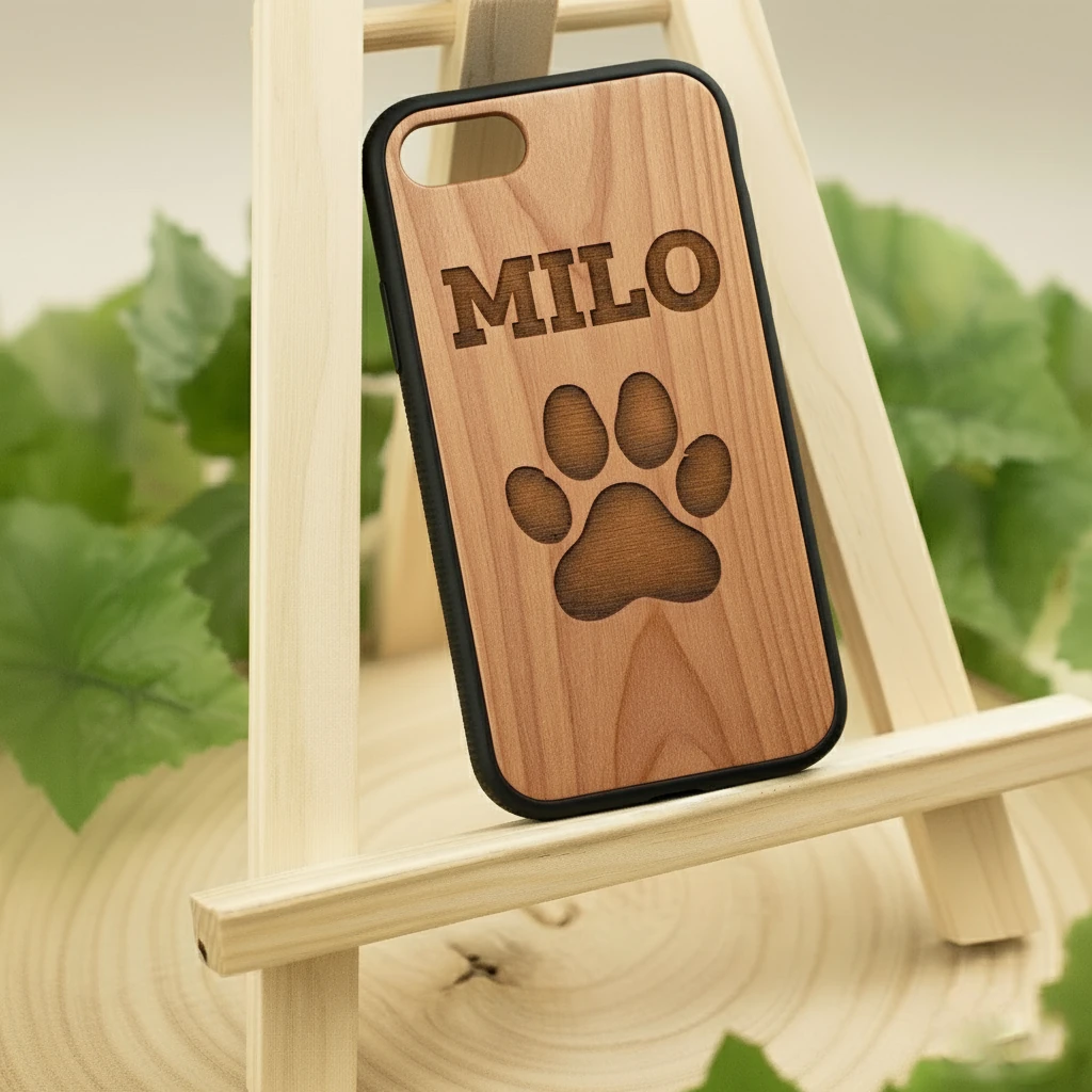 Coque Téléphone Bois Gravée Personnalisée Patte de Chien "Milo"